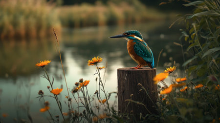 A vibrant kingfisher perched on a rustic post by serene water, surrounded by bright flowers. This picturesque scene captures nature's beauty and tranquility.の素材