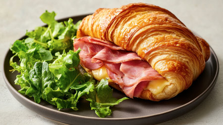 A delicious croissant sandwich filled with ham and cheese, served with fresh green salad on a plate. Perfect for breakfast or a tasty snack.の素材