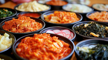 A vibrant selection of traditional Korean side dishes, showcasing an array of colors and textures from fresh vegetables and spices, perfect for meal preparation.の素材