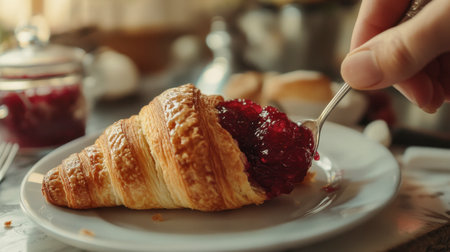 A fresh croissant accompanied by a scoop of sweet jam, creating a delightful breakfast experience. Perfect for food photography and culinary themes.の素材