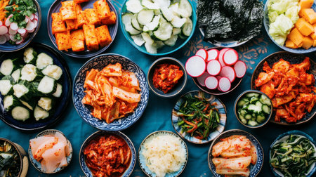 An impressive display of colorful Korean side dishes featuring kimchi, pickles, and fresh vegetables. Perfect for a gourmet feast or culinary inspiration.の素材