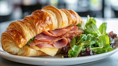 Savory croissant sandwich filled with ham and cheese, served with fresh greens on the side. Ideal for breakfast or lunch, this dish is visually appealing and delicious.の素材