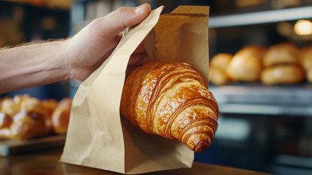 A hand reaching for a fresh croissant from a brown paper bag captures the essence of bakery delights. Perfect for breakfast or a snack!の素材