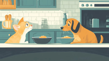 A charming illustration of a cat and dog sharing a meal in a cozy kitchen, highlighting their friendship and playful bond in a warm, inviting atmosphere.の素材
