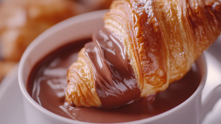 A beautifully baked croissant dipped in creamy chocolate sauce. Perfect for breakfast or a sweet snack, this indulgent treat offers a delightful experience.の素材