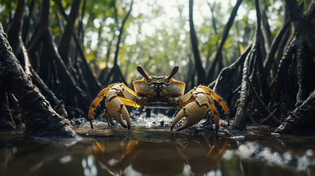 A vibrant crab stands prominently in its mangrove habitat, showcasing its vivid colors against the lush backdrop of roots and foliage. This image captures the essence of wildlife in a serene ecosystem.の素材