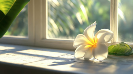 A serene flower rests gently by a window, illuminated by soft natural light, creating a peaceful and inviting ambiance in a cozy interior space.の素材