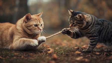 Two cats playfully engage in a tug-of-war game with a rope in a beautiful autumn setting. This heartwarming scene captures the essence of feline friendship and fun.の素材