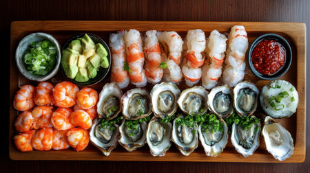 A beautifully arranged platter featuring fresh sushi and oysters, complemented by shrimp, avocado, and green onion. Ideal for seafood lovers.の素材