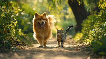 A joyful dog and cat stroll side by side along a sunlit path surrounded by lush greenery, symbolizing friendship and tranquility in nature's beauty.の素材