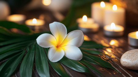 A serene arrangement featuring a delicate white flower on lush green leaves, surrounded by soft candlelight, perfect for wellness and relaxation themes.の素材