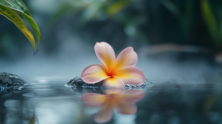 A serene pink flower rests on a rock in calm water, surrounded by lush greenery. Perfect for themes of tranquility, nature, and relaxation.の素材