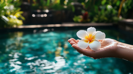 A delicate frangipani flower rests in a hand above a serene pool, capturing the essence of tropical beauty and relaxation. Ideal for wellness themes.の素材