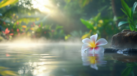 A stunning close-up of a delicate flower floating on tranquil waters amidst a misty tropical garden, evoking feelings of serenity and natural beauty.の素材