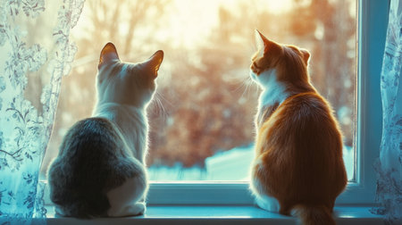 Two cats sit side by side on a windowsill, gazing out at a serene winter landscape. The warm sunlight creates a cozy atmosphere, highlighting their fur.の素材
