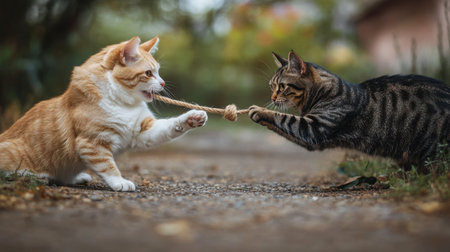 Two cats engage in a playful tug-of-war with a rope in a lush garden. Their interaction showcases the fun and joy shared between feline friends in a natural setting.の素材