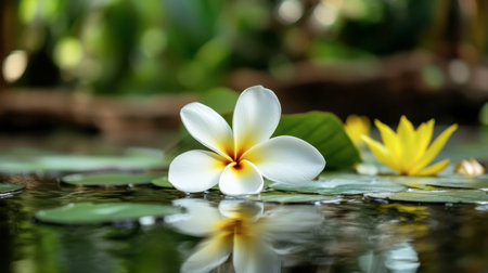 A tranquil pond scene featuring a delicate white flower and vibrant yellow lily among lush greenery, reflecting peace and natural beauty in serene waters.の素材