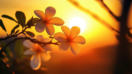 Delicate white flowers bloom on a branch, illuminated by a golden sunset. The tranquil scene captures the beauty of nature and warm colors of dusk.の素材