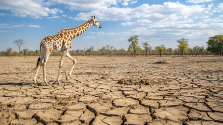 A graceful giraffe walks through a dry, cracked landscape under a bright sky, showcasing resilience in its natural habitat during drought conditions.の素材