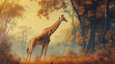 A stunning giraffe stands gracefully amidst a vibrant autumn forest, showcasing the beauty of nature in a tranquil setting filled with warm colors.の素材