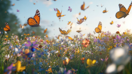 A stunning display of vibrant butterflies fluttering over a colorful field of wildflowers. This serene scene captures the beauty of nature in full bloom.の素材