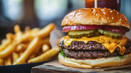 A mouthwatering cheeseburger stacked with fresh ingredients, served alongside crispy fries. Perfect for food lovers and restaurants showcasing delicious meals.の素材