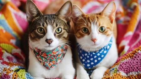 Two adorable cats wearing vibrant bandanas sit together on a cozy blanket. Their expressive eyes and playful demeanor capture the essence of companionship.の素材