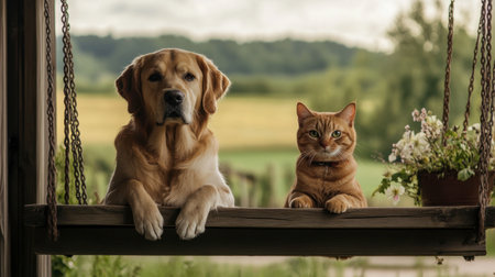 A charming scene of a dog and cat sitting together on a porch swing, capturing the essence of companionship and tranquility in a beautiful outdoor setting.の素材