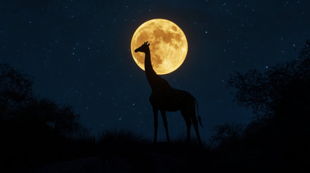 A stunning silhouette of a giraffe against a full moon, capturing the tranquility of a night sky filled with stars. A perfect moment in nature.の素材