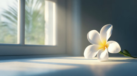 A delicate white flower with a yellow center rests on a surface near a window, illuminated by soft sunlight, creating a tranquil and serene ambiance.の素材