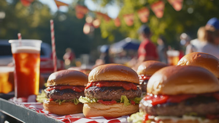 Freshly grilled burgers served at a vibrant outdoor event, perfect for summer gatherings. Enjoy the delicious flavors and festive atmosphere.の素材