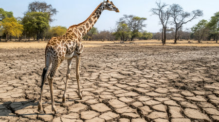 A lone giraffe stands on dry cracked earth in a sunlit savanna, showcasing the impact of drought and climate on wildlife habitats and landscapes.の素材