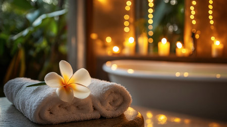 Immerse yourself in a tranquil spa setting featuring soft towels, a delicate flower, and warm candlelight. Perfect for relaxation and wellness.の素材