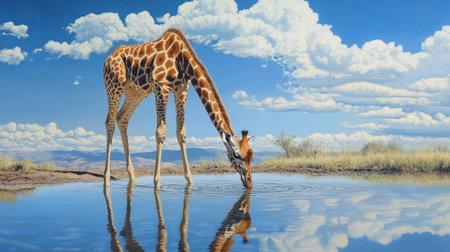 A stunning image of a giraffe drinking water from a calm waterhole. The vibrant blue sky and fluffy clouds create a serene backdrop, showcasing wildlife in its natural habitat.の素材