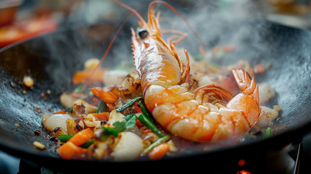 A vibrant wok filled with shrimp and fresh vegetables, steaming and sizzling. This inviting dish showcases the art of cooking delicious seafood.の素材