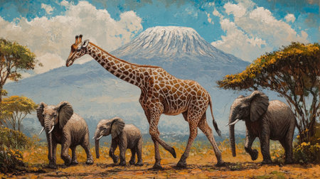 A vibrant scene featuring a giraffe and elephants walking together in a beautiful African landscape with a majestic mountain in the background.の素材
