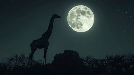 A breathtaking silhouette of a giraffe stands against a full moon, capturing the tranquil beauty of the night. Perfect for wildlife enthusiasts and nature lovers.の素材