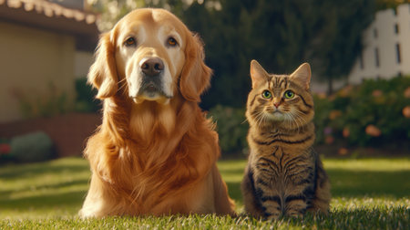 A golden retriever and a tabby cat enjoy a sunny day in a lush garden, showcasing their unique bond and relaxed demeanor in a serene outdoor setting.の素材