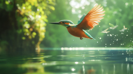 A stunning kingfisher in vibrant colors hovers over a serene lake, surrounded by lush greenery. The scene captures the essence of wildlife in motion.の素材