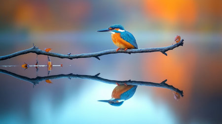 A stunning kingfisher perched on a branch over a tranquil lake, showcasing a vibrant reflection in the water below. Perfect for nature lovers.の素材