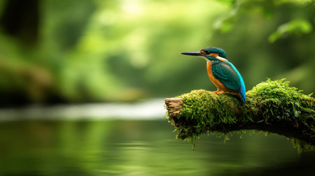 A vibrant kingfisher perched on a moss-covered log beside calm waters, surrounded by lush greenery. A perfect capture of wildlife in nature.の素材