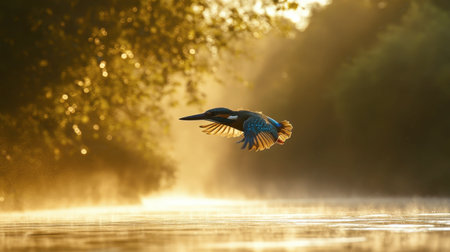A striking bird in flight gracefully glides above a misty river at sunrise, capturing the serene beauty of nature's morning light and tranquility.の素材
