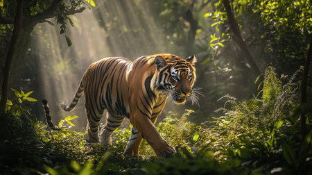 A majestic tiger strolls through a lush jungle, illuminated by soft rays of sunlight. The scene captures the beauty of wildlife and its natural habitat.の素材