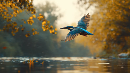 A stunning kingfisher takes flight over a serene river, showcasing vibrant colors and graceful wings in a tranquil natural landscape.の素材