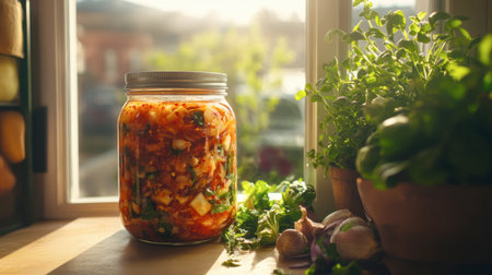 A beautiful jar of fresh homemade pickles sits by a sunlit window, surrounded by herbs and vegetables. This scene captures a cozy kitchen atmosphere brimming with vibrant flavors and natural ingredients.の素材