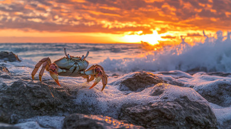A vibrant crab stand atop rocky terrain with waves crashing behind, illuminated by a stunning sunset sky. A perfect coastal scene capturing nature's beauty.の素材