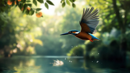 A vibrant kingfisher flies gracefully over a tranquil lake, surrounded by lush greenery. This stunning wildlife scene captures the essence of nature's beauty.の素材