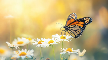 A beautiful butterfly rests on daisies, surrounded by soft light, creating a serene and vibrant natural scene perfect for nature lovers and garden enthusiasts.の素材