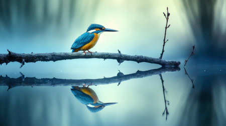 A vibrant kingfisher perched on a branch, reflecting in still water. This serene scene captures the essence of tranquility and natural beauty in wildlife photography.の素材