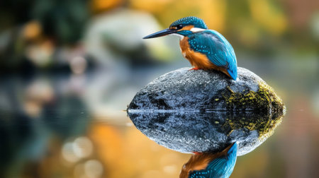 A stunning kingfisher perches on a moss-covered stone, reflecting beautifully in the still water. This vibrant scene captures nature's serene beauty.の素材